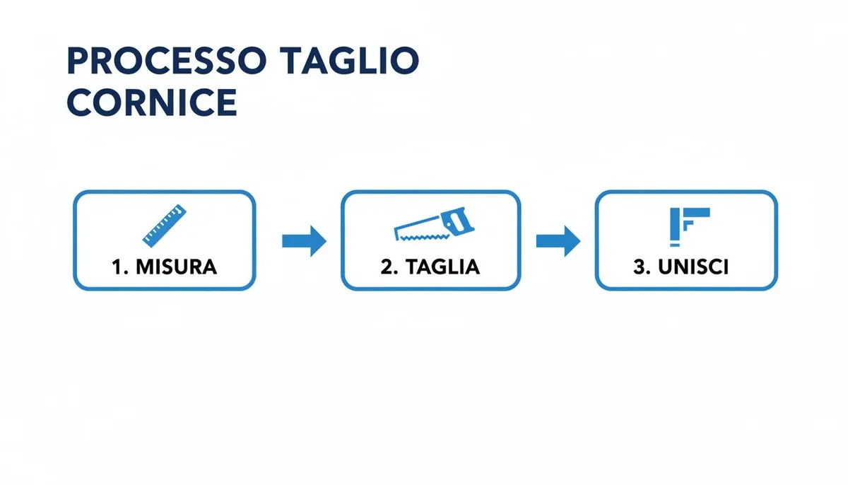 Infografica del processo di taglio e unione delle cornici, che include i passaggi: Misura, Taglia e Unisci.
