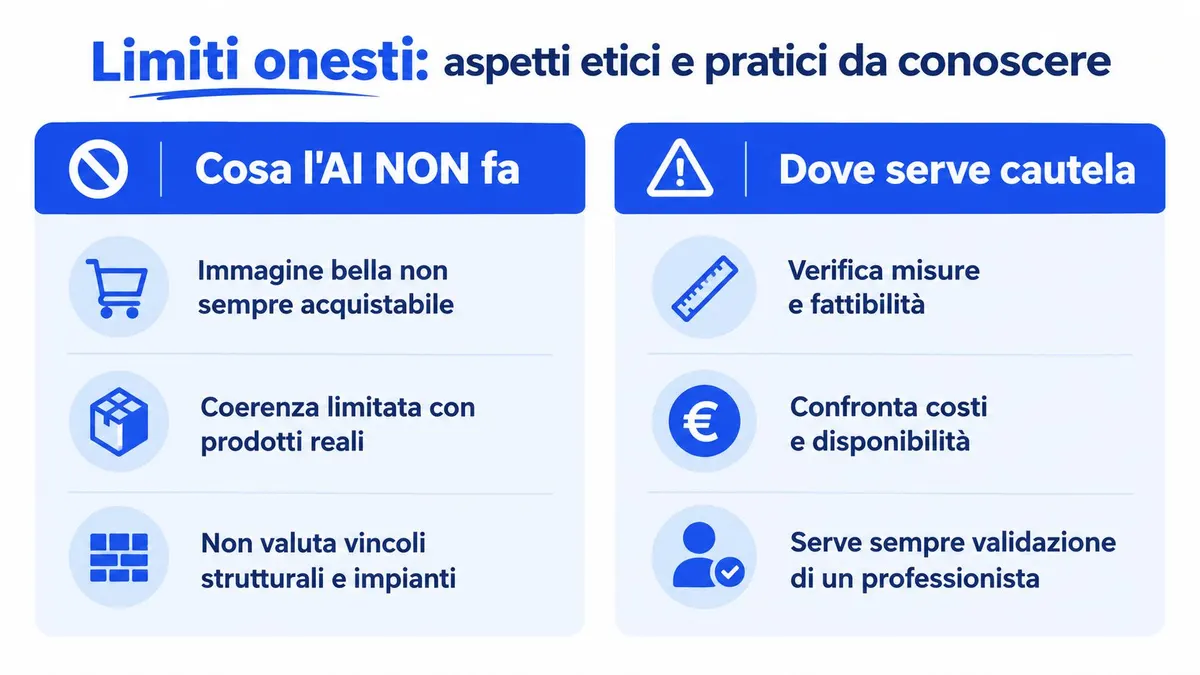 Grafico informativo sui limiti etici e pratici dell'intelligenza artificiale applicata al design di interni.