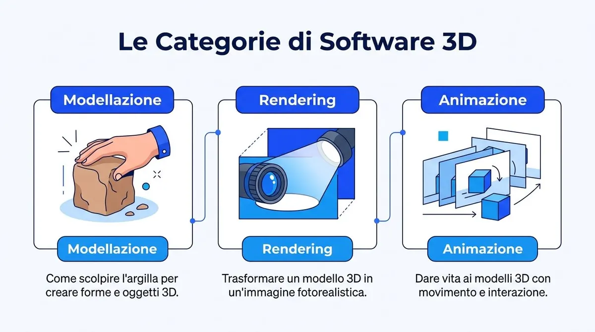 Un infografica che spiega le tre categorie principali del software 3D: modellazione, rendering e animazione digitale.