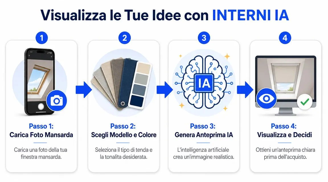 Infografica con quattro passaggi che spiega come utilizzare un'intelligenza artificiale per visualizzare tendine per mansarda.