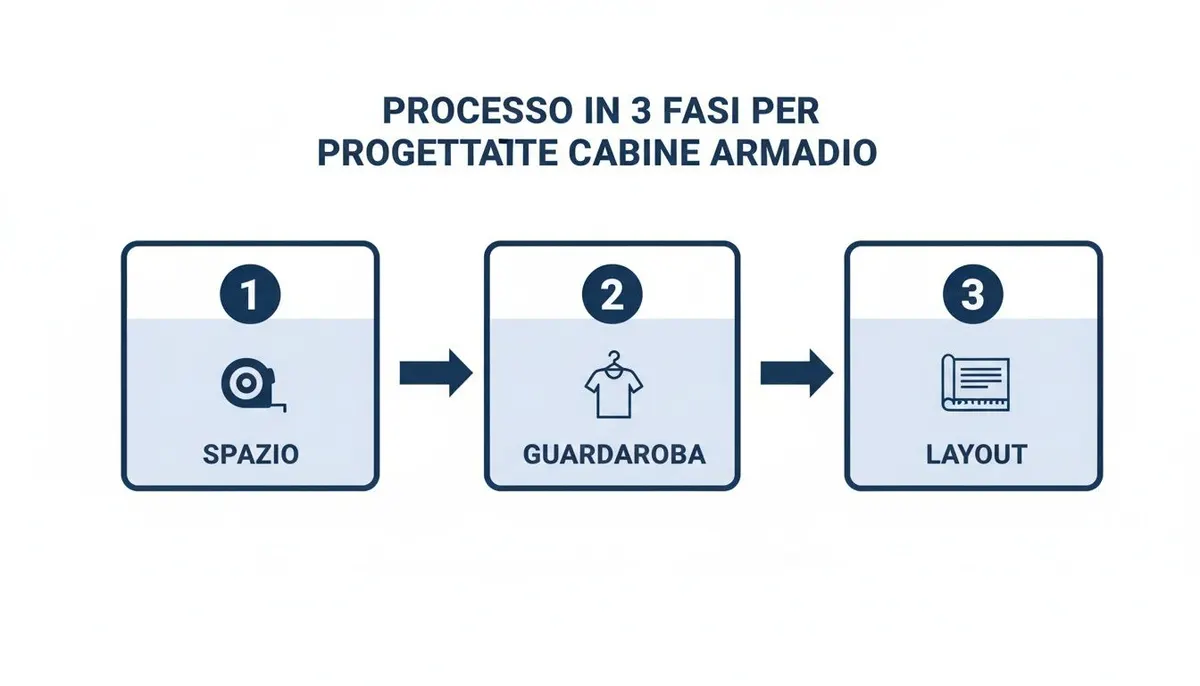 Diagramma del processo di progettazione per cabine armadio, mostrando 3 fasi: spazio (misura), guardaroba (vestiti) e layout (planimetria).