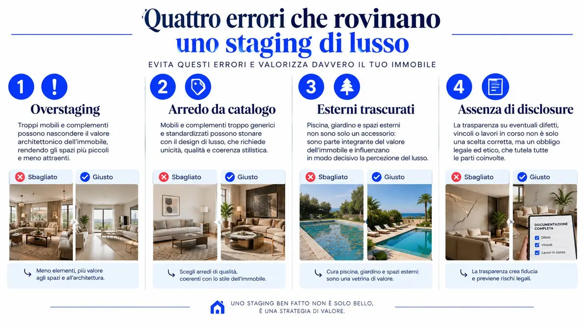 Infografica che illustra quattro errori comuni da evitare nel luxury home staging per valorizzare immobili di prestigio.