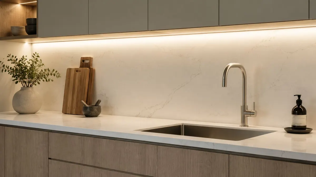 Una moderna cucina minimalista con bancone in marmo, illuminazione a LED sottopensile e rubinetto in acciaio inossidabile.