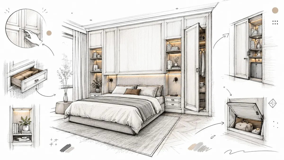 Schizzo architettonico di una elegante camera da letto con boiserie, armadi integrati e dettagli di design funzionali.