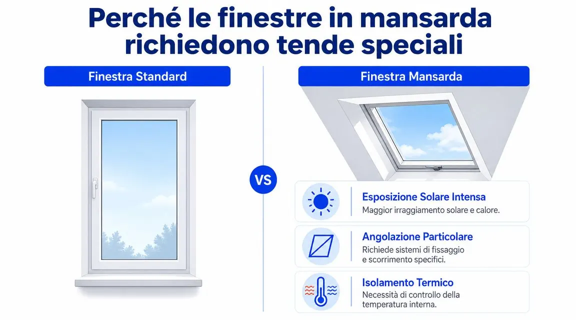 Confronto grafico tra una finestra verticale standard e una finestra inclinata da mansarda con le relative motivazioni tecniche.