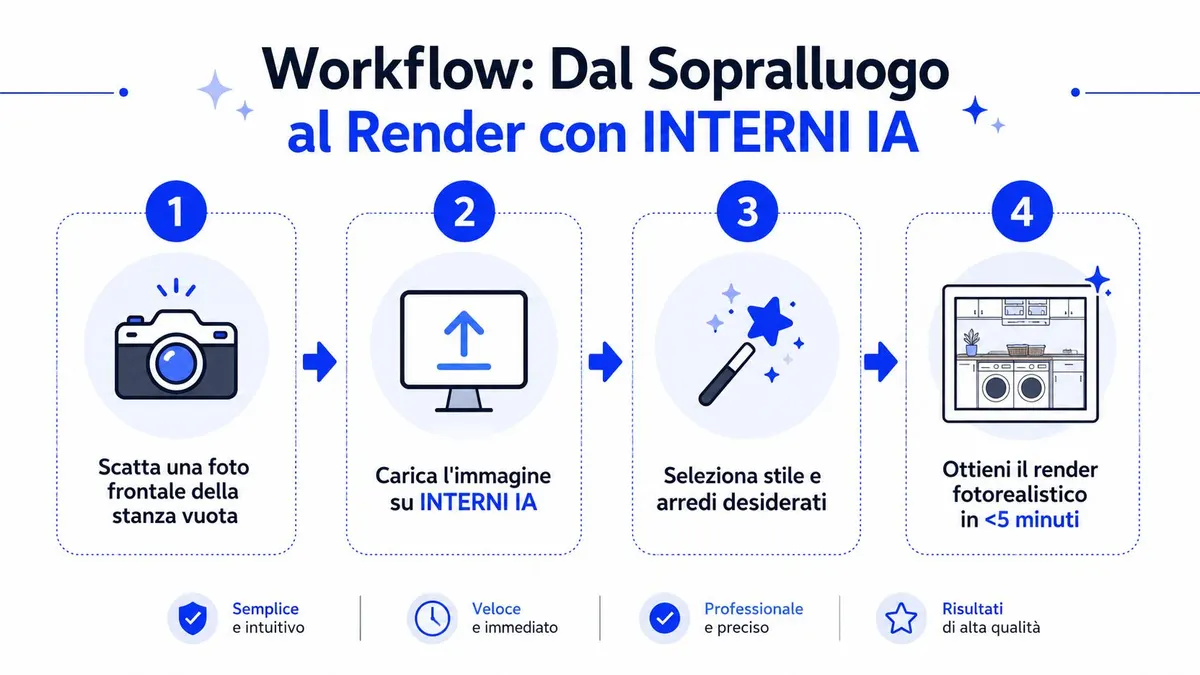 Infografica che mostra il workflow in quattro passaggi per progettare interni fotorealistici utilizzando l'intelligenza artificiale.