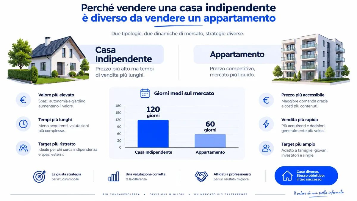 Infografica che illustra le differenze di mercato tra la vendita di una casa indipendente e un appartamento.