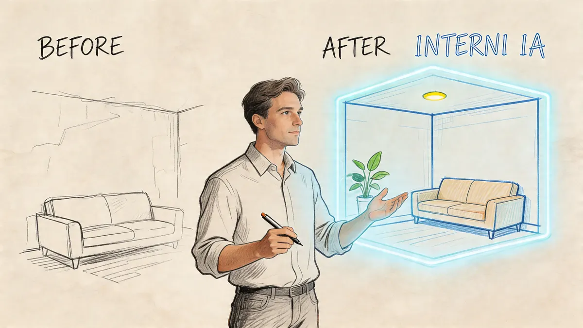 Un designer professionista che utilizza l'intelligenza artificiale per trasformare un semplice schizzo in una stanza arredata moderna.