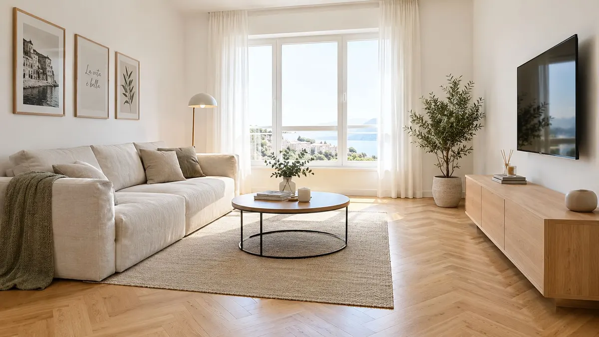 Un luminoso soggiorno moderno in stile minimalista con divano beige, mobili in legno e vista panoramica esterna
