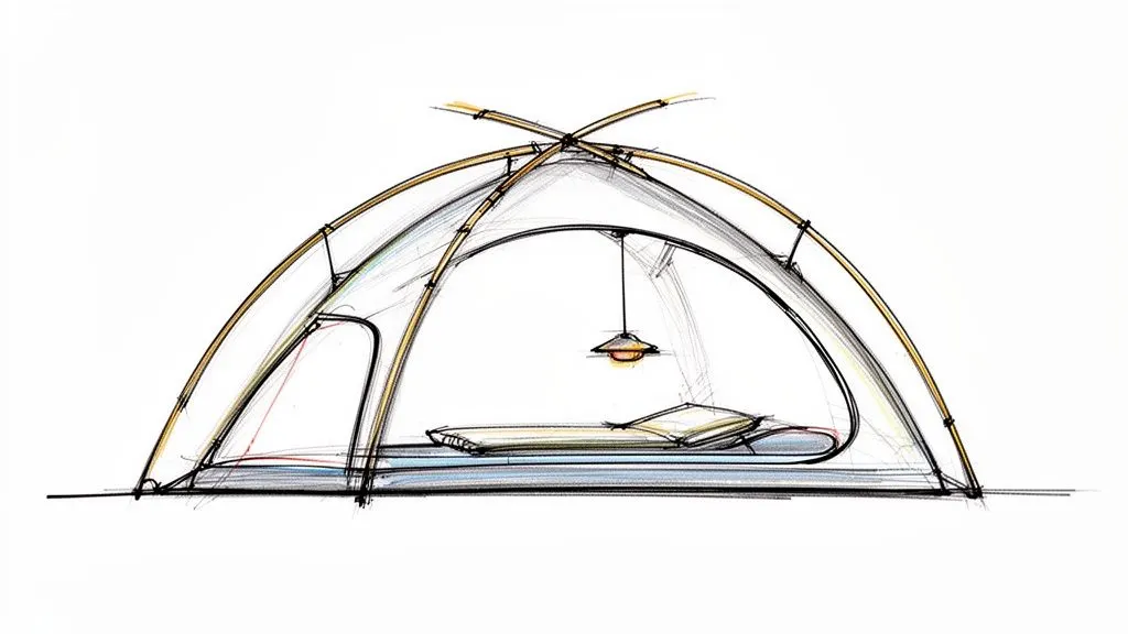Schizzo dettagliato di una tenda da campeggio moderna con struttura ad arco, letto e lampada interna.