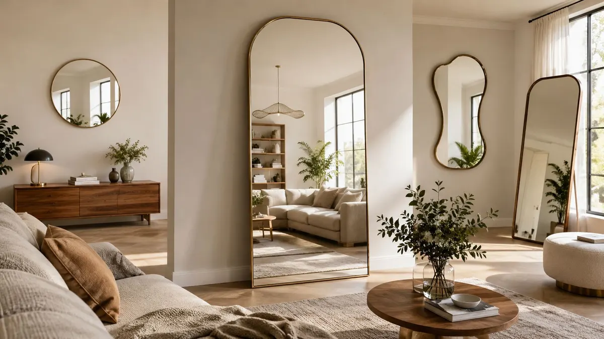 Interno di un soggiorno luminoso con arredi contemporanei, pavimento in legno e vari specchi di design