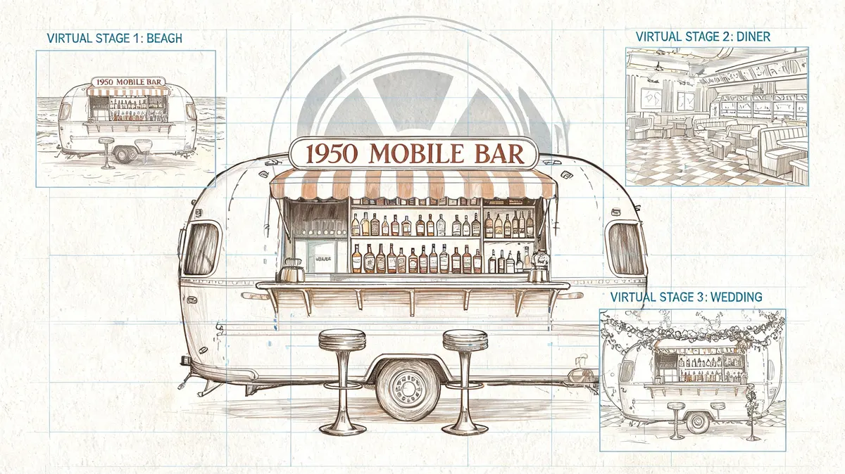 Un bar mobile vintage anni 50 allestito in un caravan con diverse opzioni di scenografia scenica.