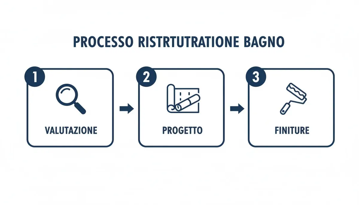 Infografica sul processo di ristrutturazione di un bagno, con tre passaggi chiave: valutazione, progetto e finiture.
