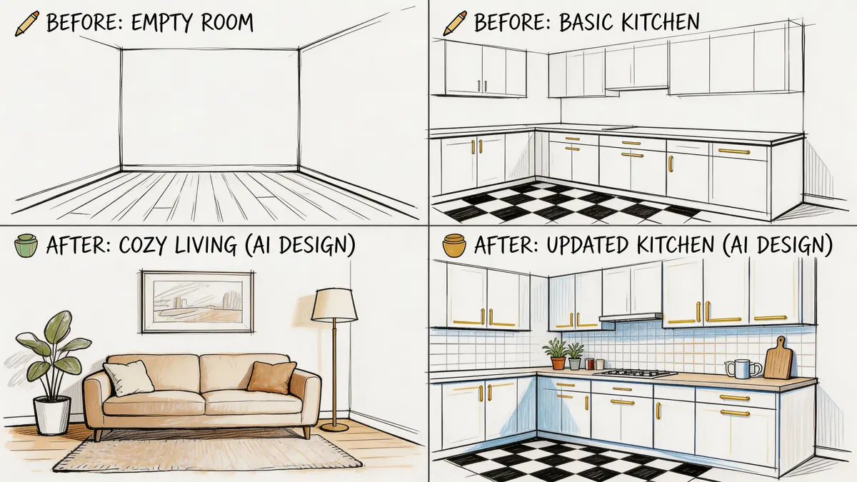 Confronto tra disegni a matita di stanze vuote e progetti di interior design realizzati tramite intelligenza artificiale