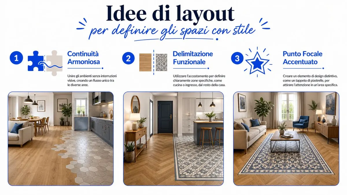 Esempi di layout per integrare parquet e piastrelle con diverse soluzioni stilistiche per definire gli spazi abitativi.