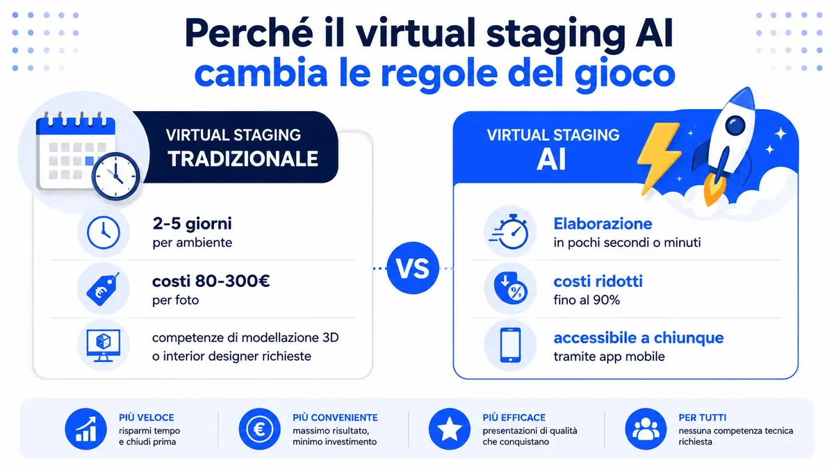 Confronto grafico tra virtual staging tradizionale e virtual staging tramite intelligenza artificiale per immobili.