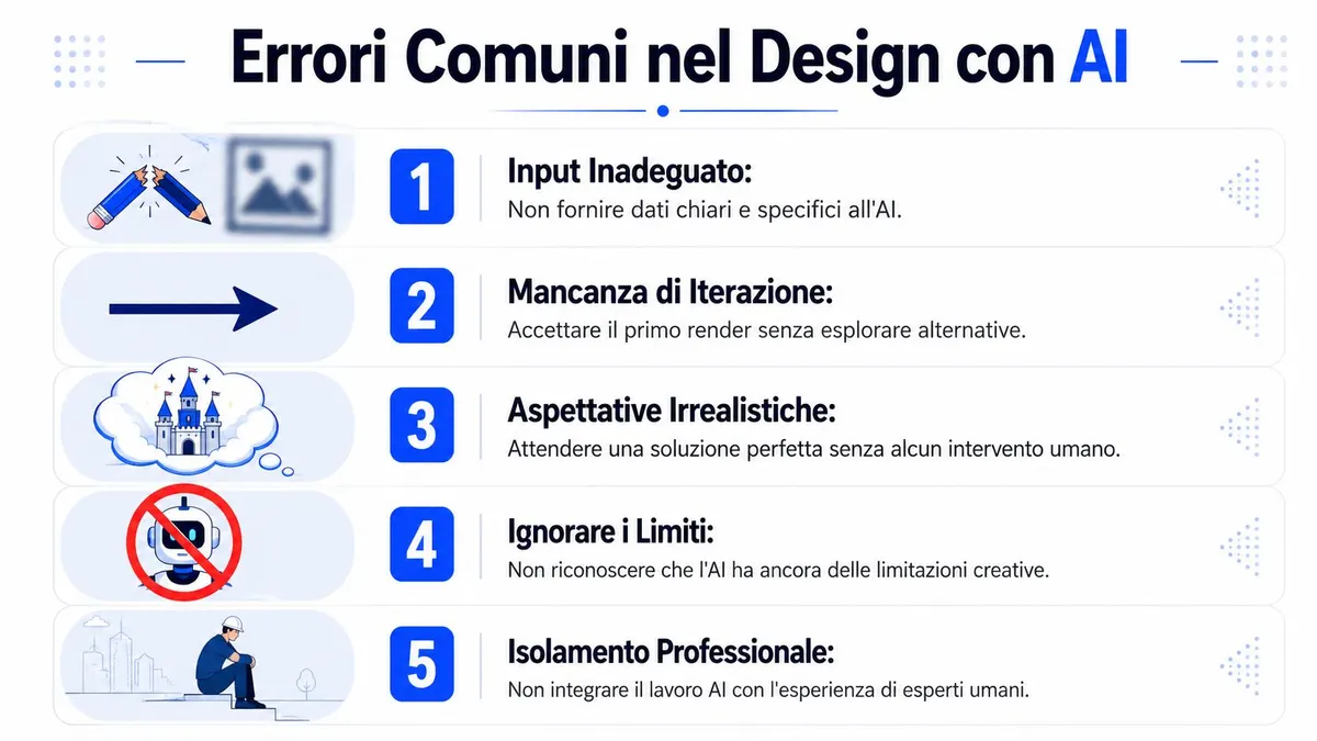 Infografica che elenca cinque errori comuni nel design con l'intelligenza artificiale, con icone e descrizioni esplicative.