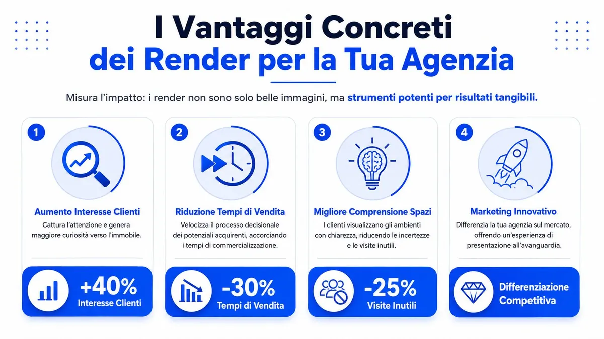 Infografica che elenca i quattro vantaggi concreti dell'utilizzo di render fotorealistici per le agenzie immobiliari.