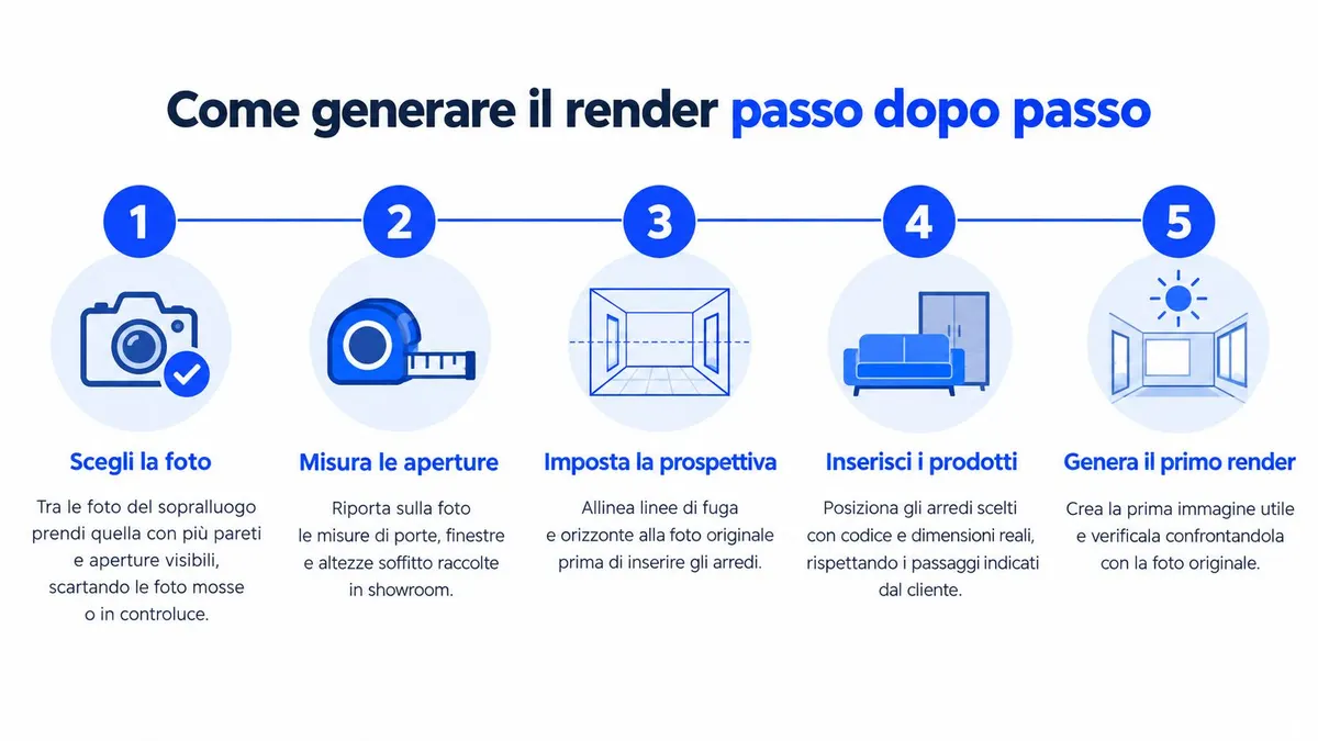 Infografica che illustra i cinque passaggi per generare un render professionale partendo da una foto di un ambiente.