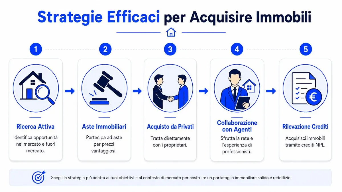 Infografica con cinque strategie efficaci per l'acquisizione di immobili, incluse aste, trattative private e collaborazione con professionisti.