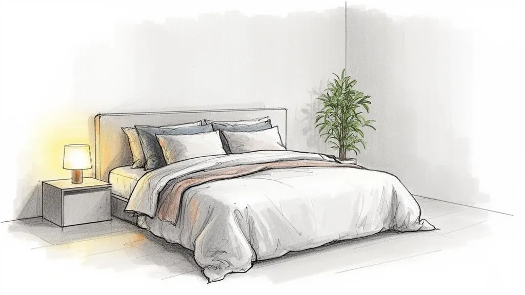 Un'illustrazione minimalista di una camera da letto con un letto bianco, comodino, lampada accesa e pianta verde.