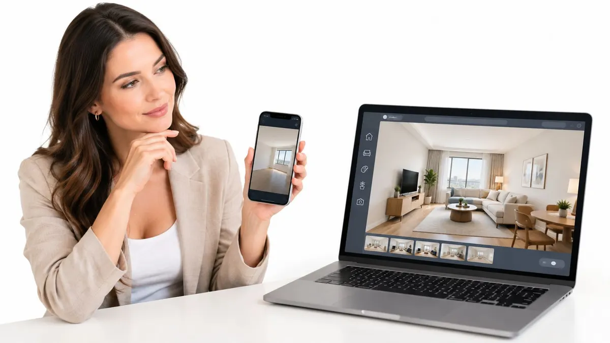 Una donna d'affari sorridente mostra un'app di virtual staging immobiliare su smartphone e portatile professionale.