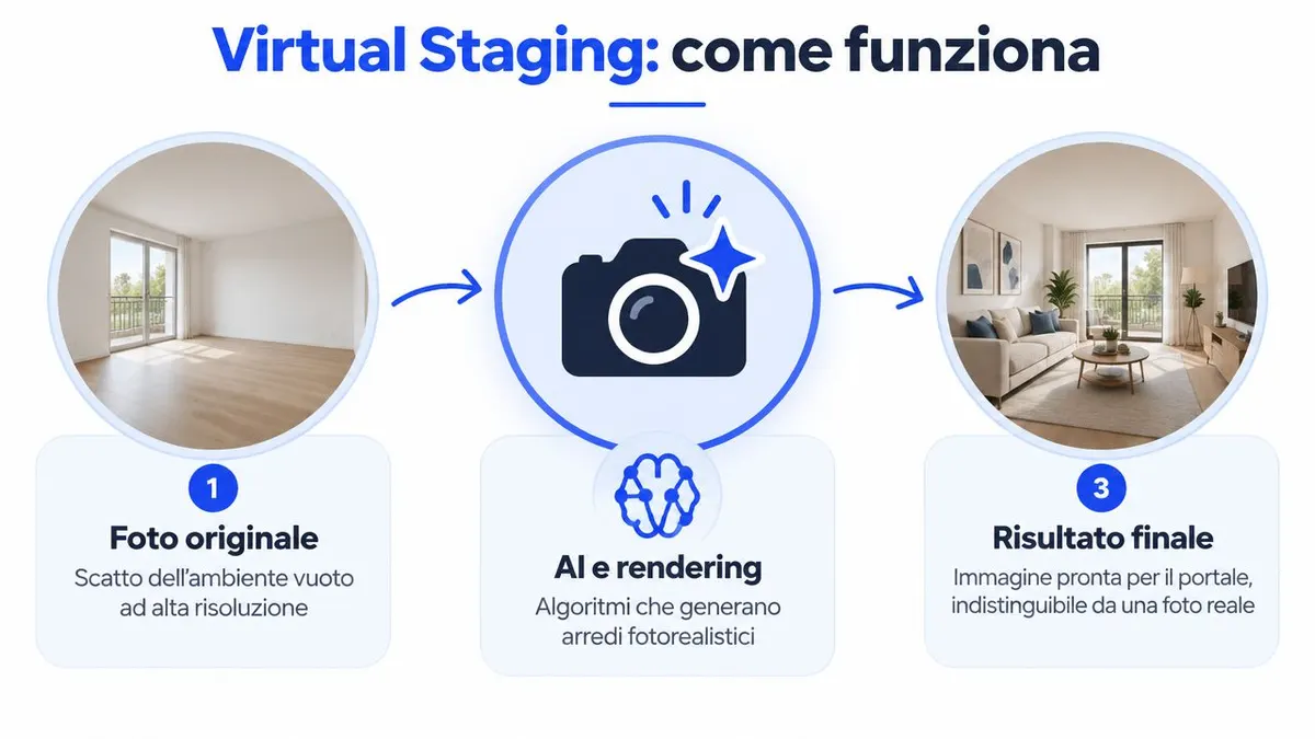 Schema grafico che illustra il processo di virtual staging, trasformando foto di stanze vuote in ambienti arredati.