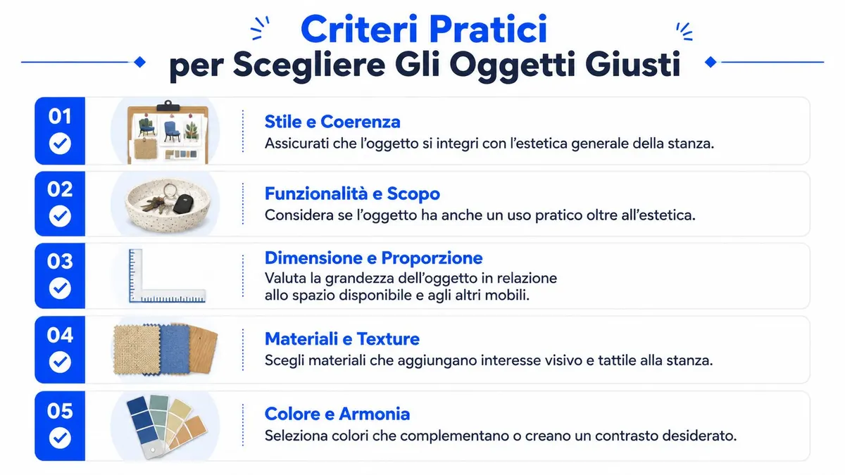 Una infografica che elenca cinque criteri pratici per scegliere gli oggetti giusti per l'arredamento di interni.