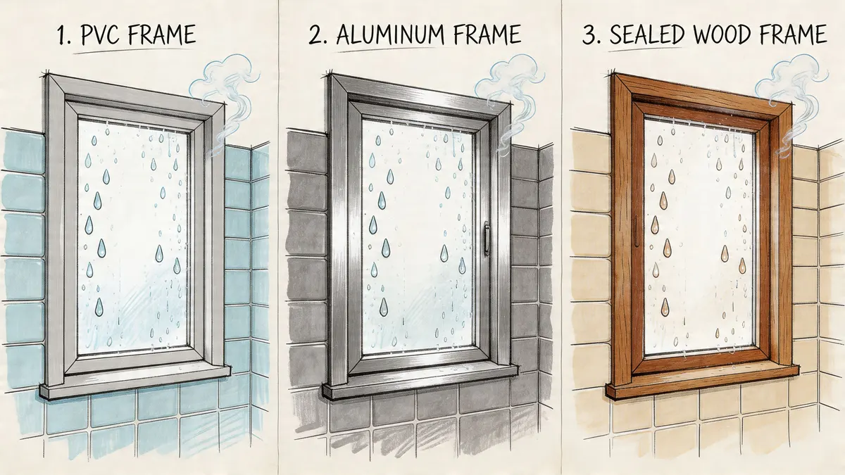 Tre diverse tipologie di telai per finestre in un bagno: PVC, alluminio e legno sigillato con condensa.