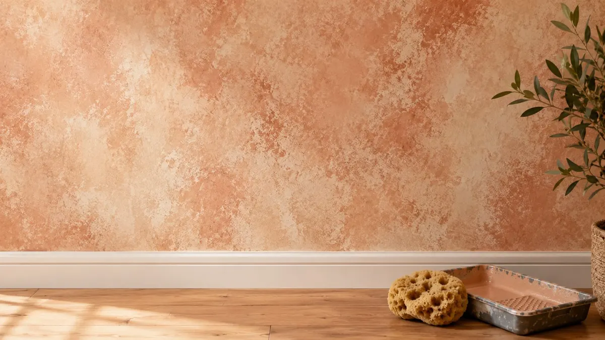 Parete con finitura decorativa effetto stucco color terra, spugna e vaschetta per pittura appoggiate sul pavimento.