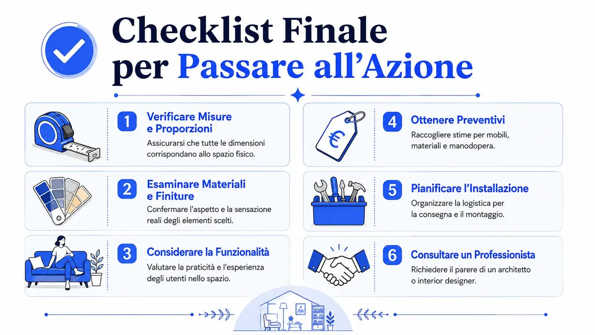 Una checklist con sei passaggi fondamentali per pianificare con successo l'arredamento di uno spazio abitativo.