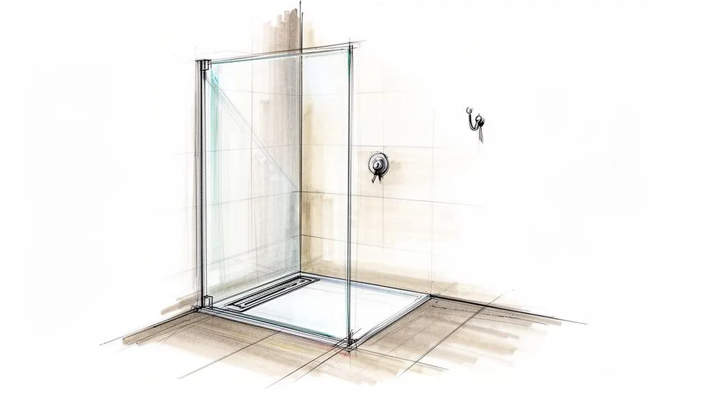 Disegno a schizzo di una doccia angolare moderna con pareti in vetro, piatto doccia e piastrelle.