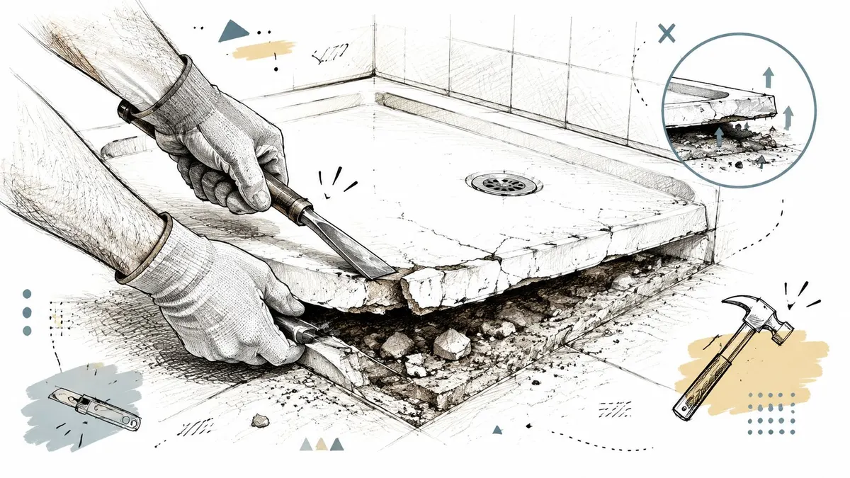 Illustrazione che mostra una persona intenta a rimuovere un vecchio piatto doccia danneggiato con attrezzi professionali.