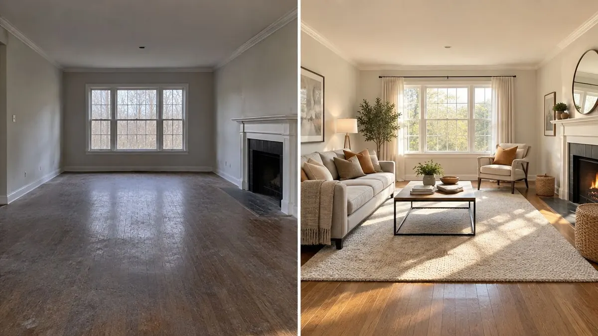 Confronto prima e dopo di un soggiorno trasformato con l'arredamento di virtual staging in stile accogliente.