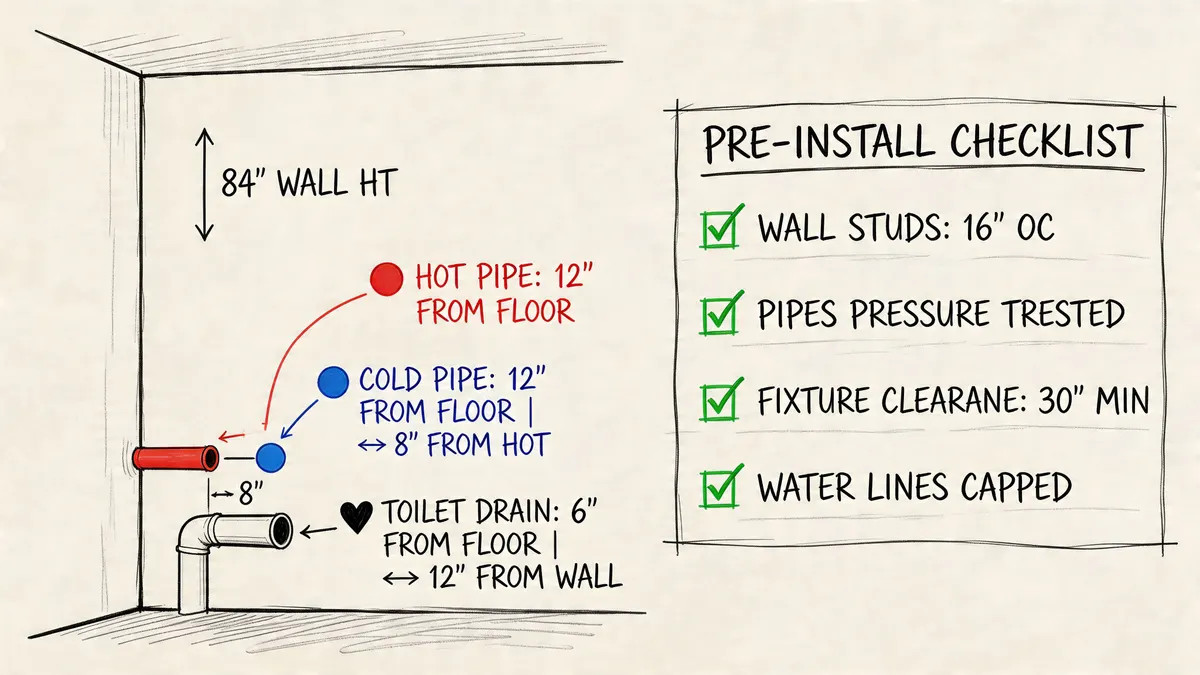 Schema tecnico per l'installazione di tubature idrauliche e scarichi per un bagno a filo muro