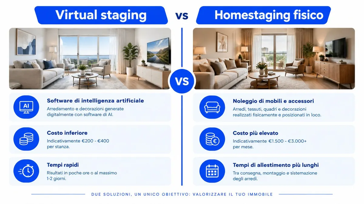 Confronto tra virtual staging e homestaging fisico per la valorizzazione di un immobile, illustrando vantaggi, costi e tempi.