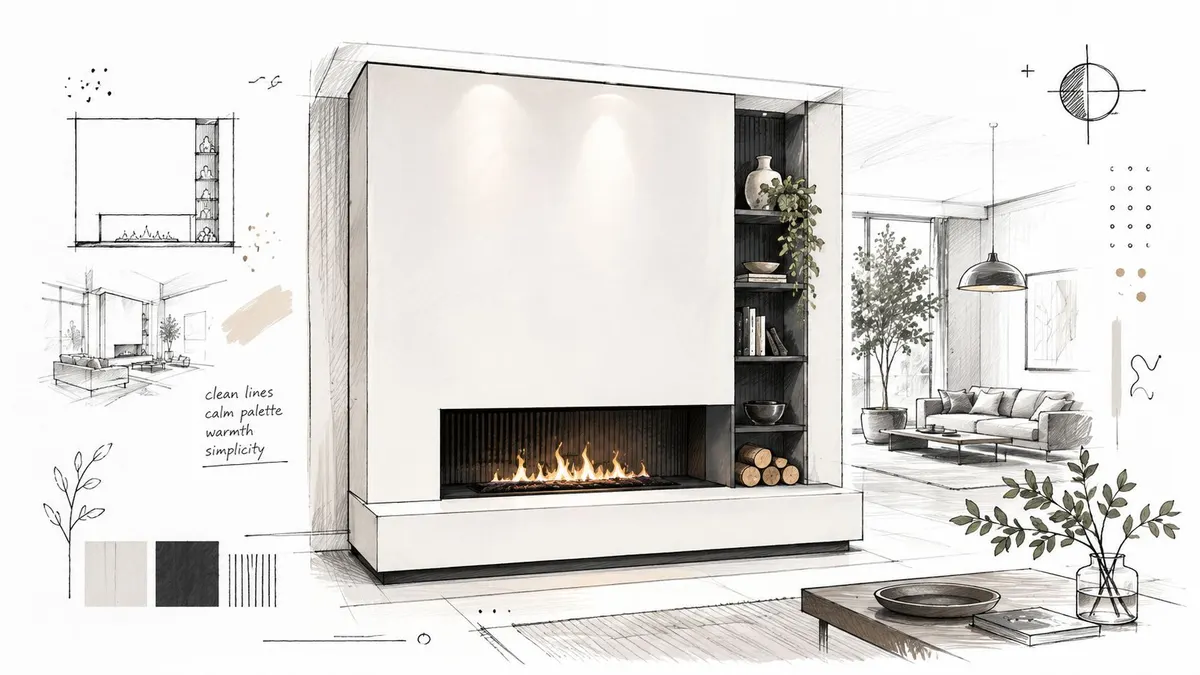 Uno schizzo di design d'interni che mostra un moderno rivestimento per termocamino con scaffali aperti ed estetica minimalista.