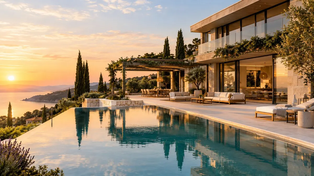Una splendida villa di lusso con piscina a sfioro affacciata sul mare durante un magico tramonto dorato.