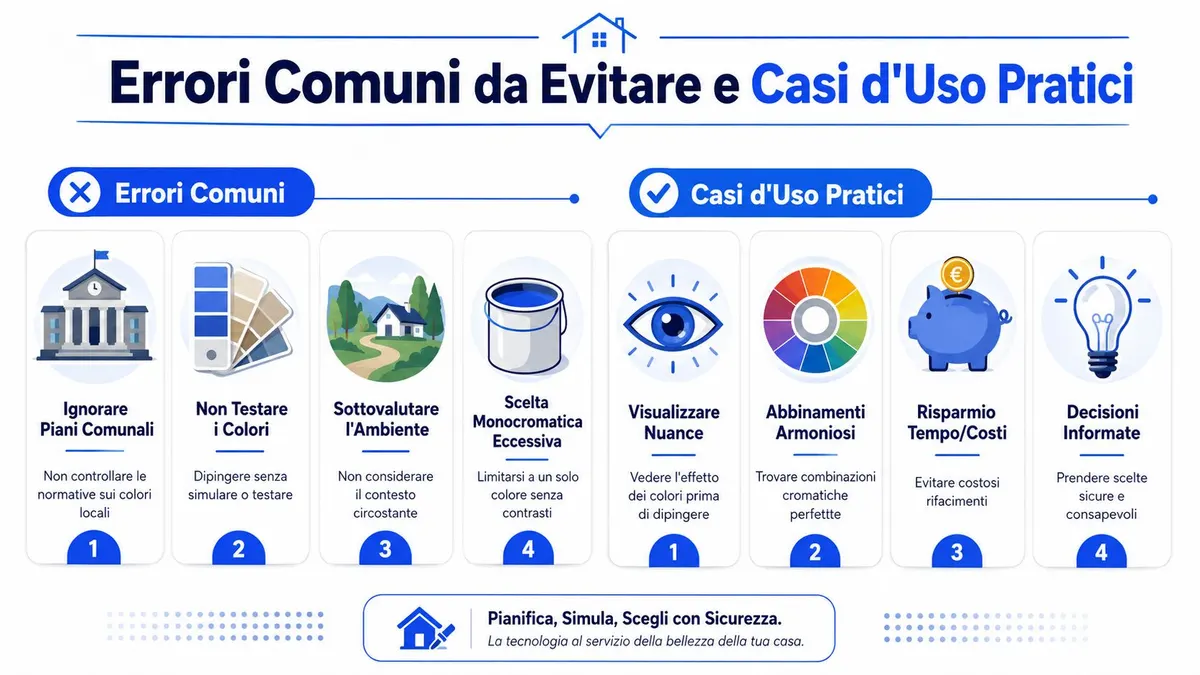 Infografica che illustra errori comuni e consigli pratici per la scelta dei colori nella tinteggiatura esterna della casa.