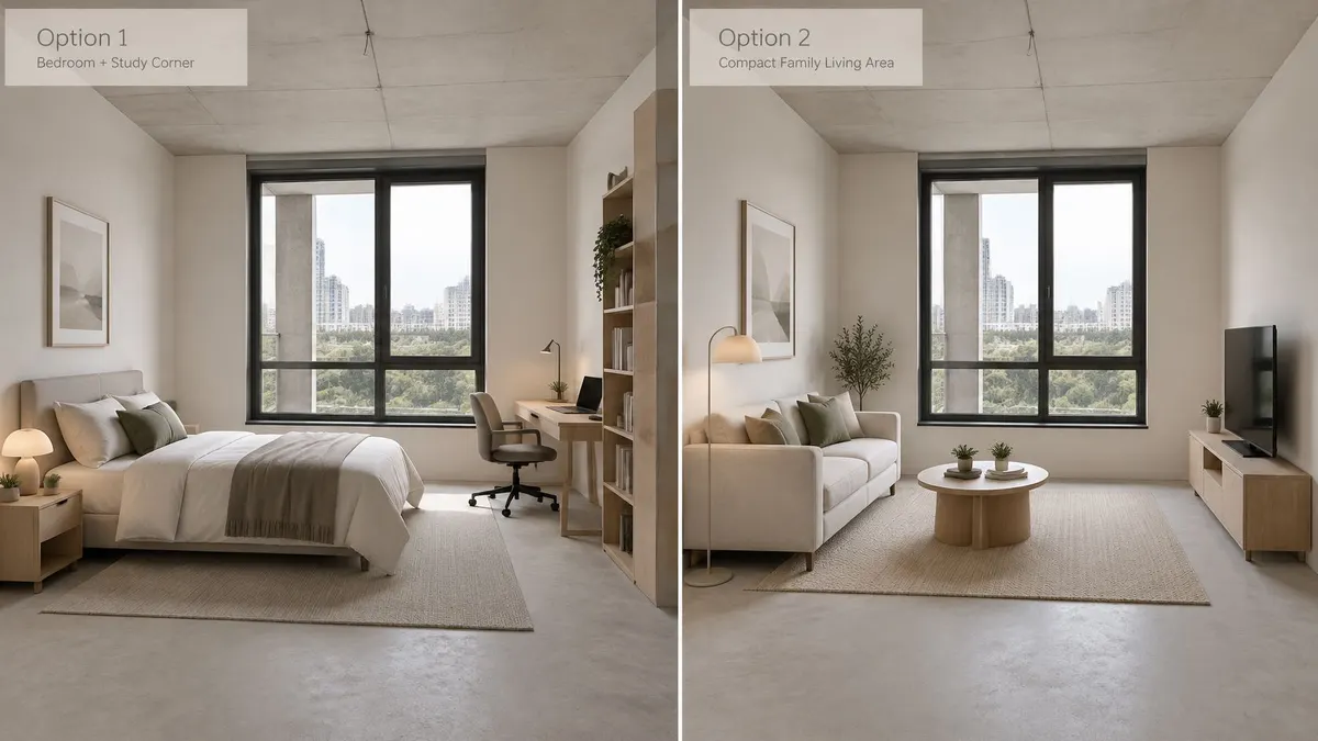 Confronto tra due layout di una stanza moderna, mostrando opzioni di camera da letto e soggiorno