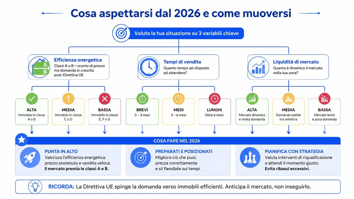 Infografica sulle strategie per il mercato immobiliare italiano nel 2026 basate su efficienza energetica e vendite.