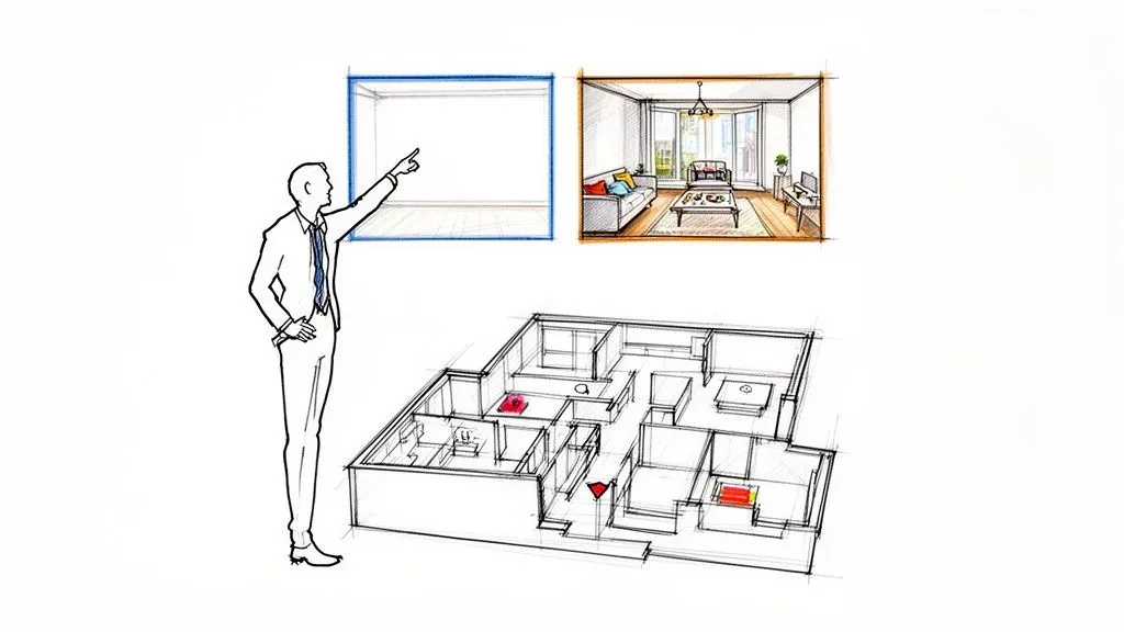 Disegno concettuale del design d'interni: un uomo mostra la trasformazione di una stanza vuota e la planimetria.