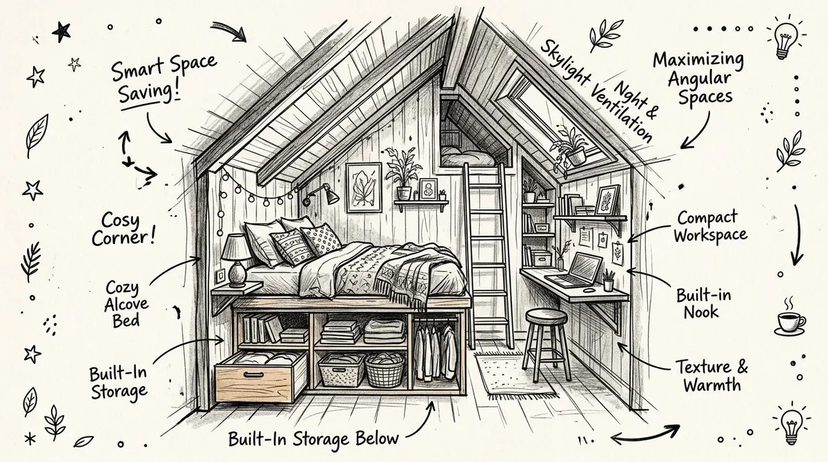 Disegno artistico di una mansarda accogliente con letto soppalcato, spazio di lavoro compatto e armadi integrati sotto il letto.