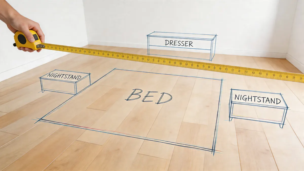 Progetto di arredo per camera da letto piccola con disegni di mobili posizionati su pavimento in legno chiaro