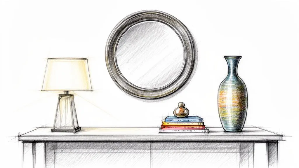 Schizzo di una console da soggiorno con lampada, specchio ovale, libri e vaso decorativo.