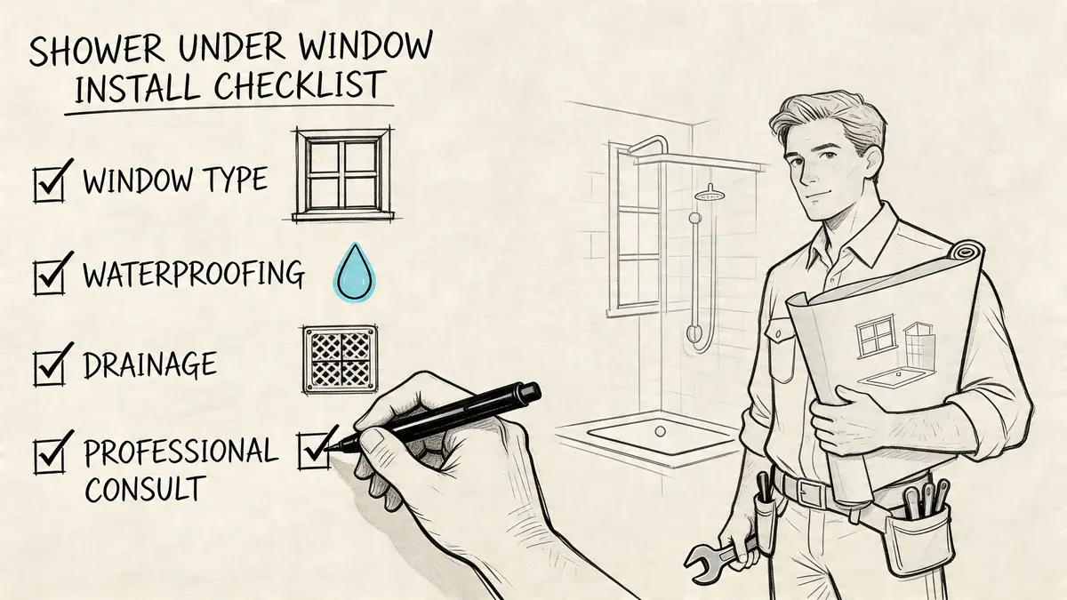Un professionista che illustra una lista di controllo per installare una doccia sotto una finestra