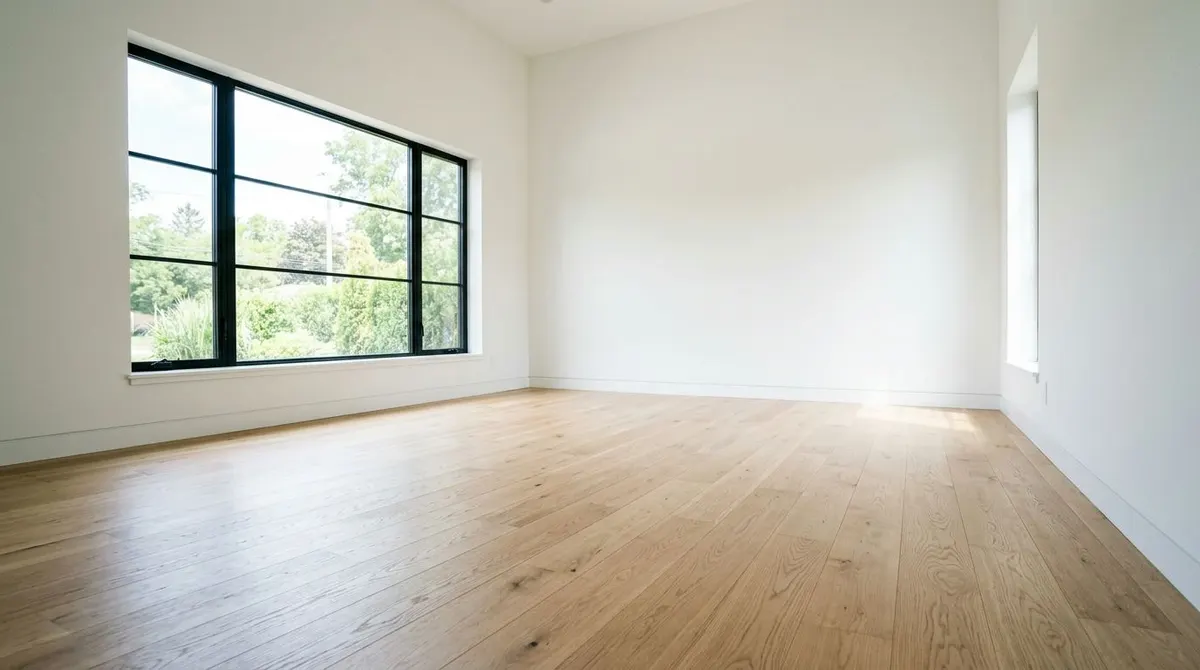 Stanza vuota con pareti bianche minimaliste, grandi finestre nere e pavimento in legno naturale chiaro luminoso.
