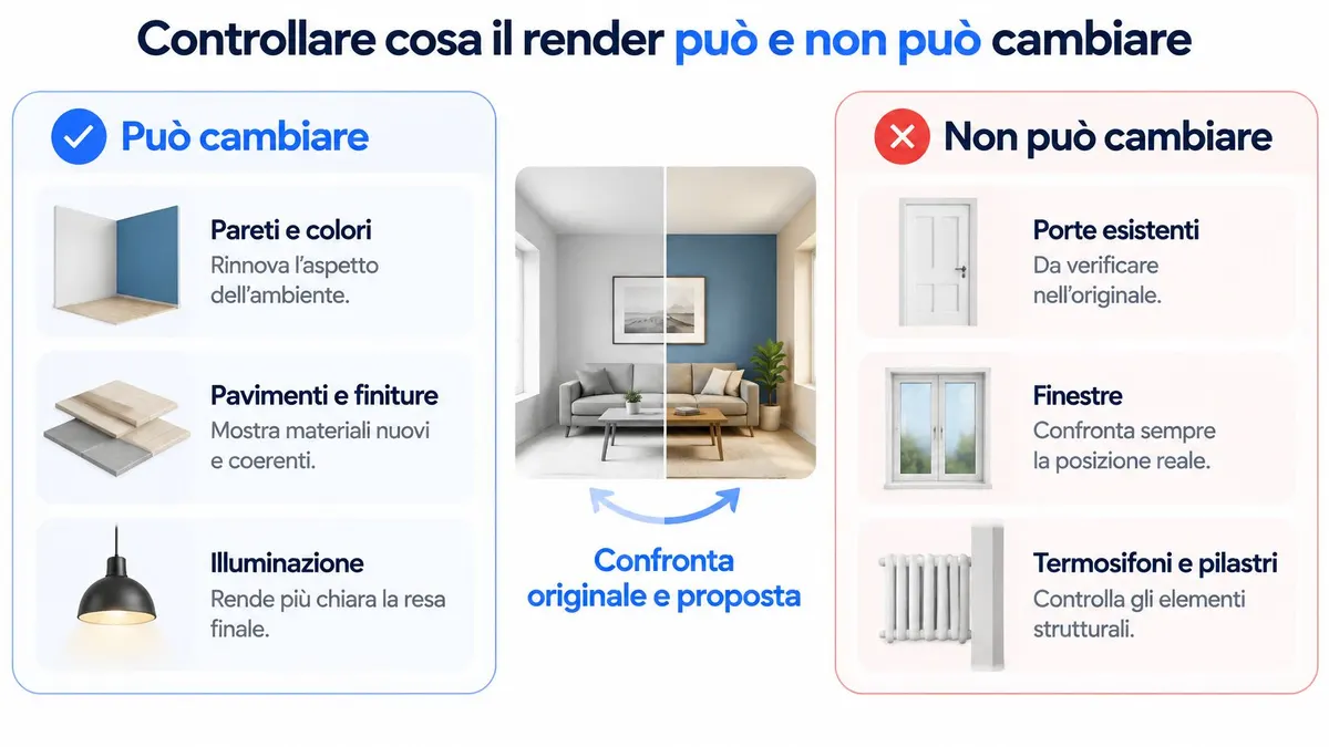 Schema grafico che spiega cosa è possibile e cosa non è possibile modificare in un render architettonico.