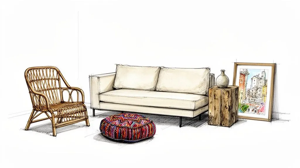 Un disegno ad acquerello di un soggiorno con una poltrona in vimini, divano color crema, pouf e un quadro.
