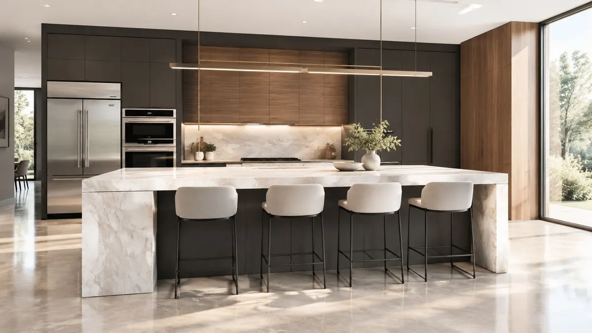 Una moderna cucina di lusso con isola centrale in marmo, sgabelli eleganti e mobili in legno scuro.